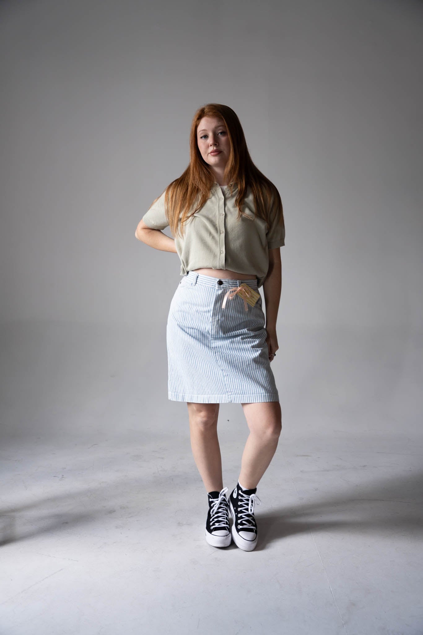 Striped Denim Midi Skirt