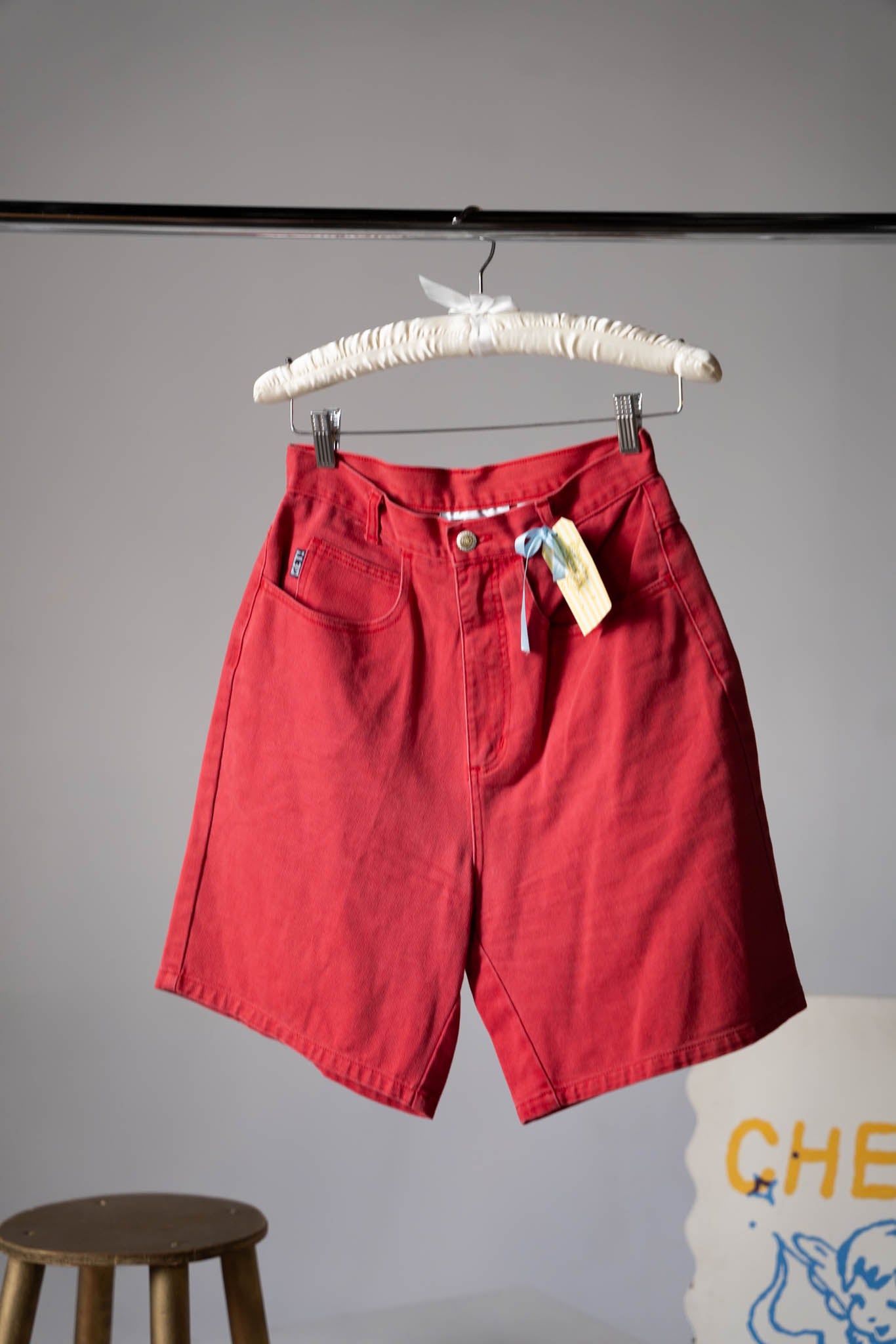 Red Denim Longline Shorts